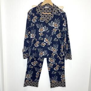 Vera Bradley Pajama Set Top Pants Womens Medium Navy Blue Floral Print Cotton